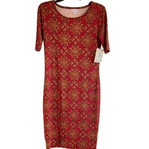 LuLaRoe Julia Burgundy and Gold Short Sleeve Dress Size Small New With Tag